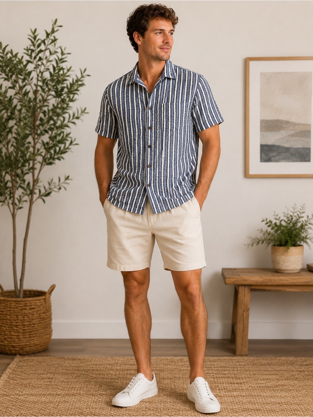 J.Crew 100% Cotton Textured Stripe Camp Shirt Men’s Small Blue White